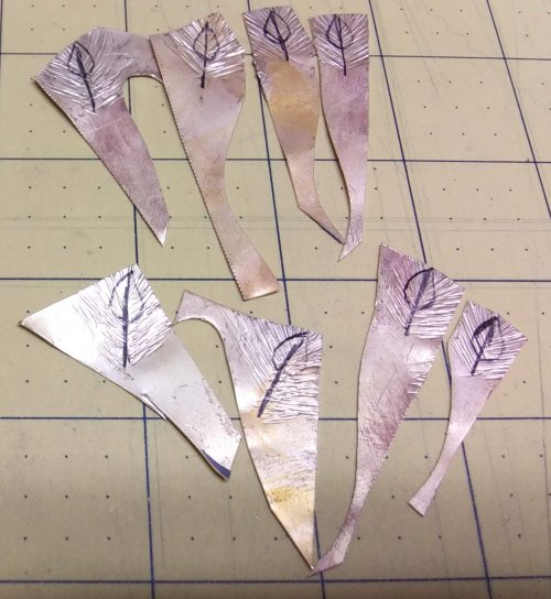 Judy Larson's Making TIny Leaves - , Metalwork, Cutting, Cutting Tool, Cutters, Texturing, Draw a line on the metal around the template edge